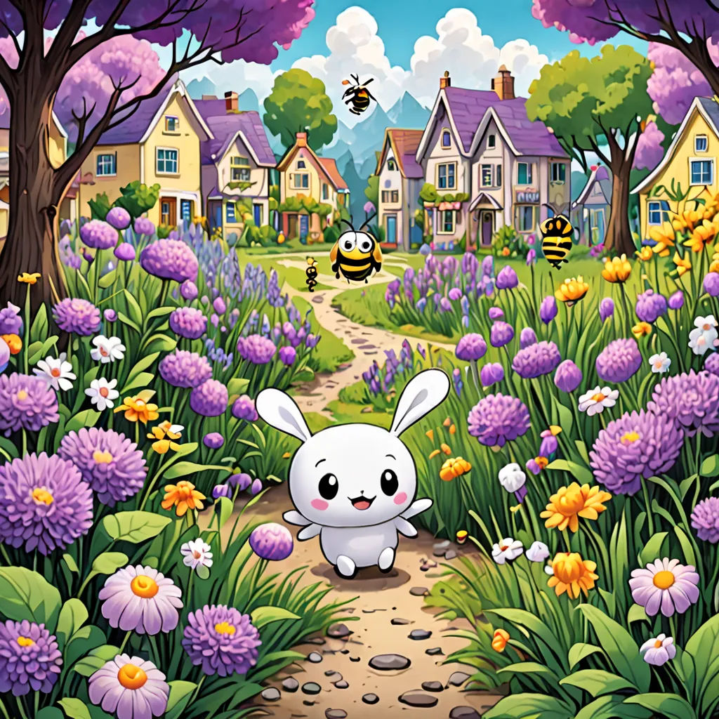 a cartoon bunny is walking through a garden of flowers and bees in front of a house with a beehive, fantasy art, a storybook illustration, David Martin, official art