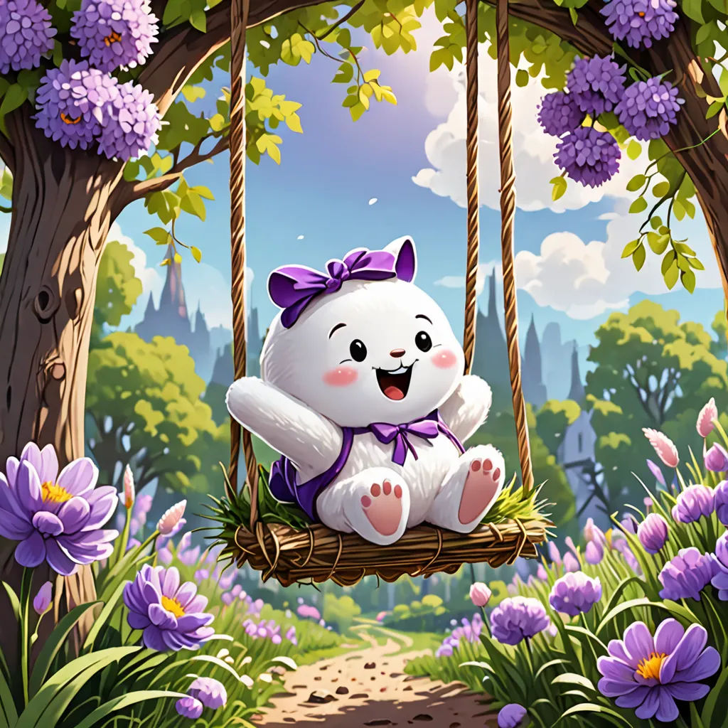 a cartoon bear sitting on a swing in a forest with purple flowers and trees in the background, with a path leading to the right, fantasy art, a storybook illustration, Chris Rallis, official art