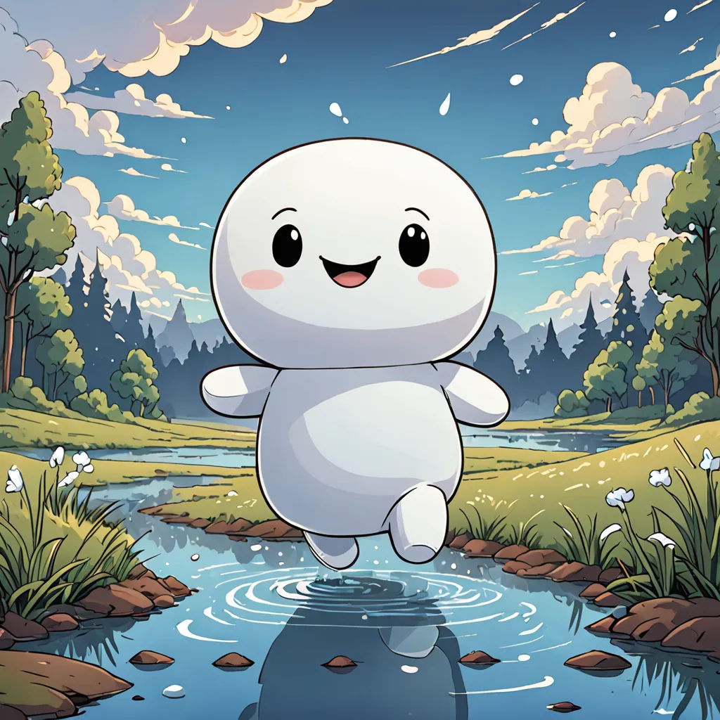 a cartoon character is jumping into a puddle of water in a field with trees and clouds in the background, sots art, a character portrait, Cedric Seaut (Keos Masons), official art