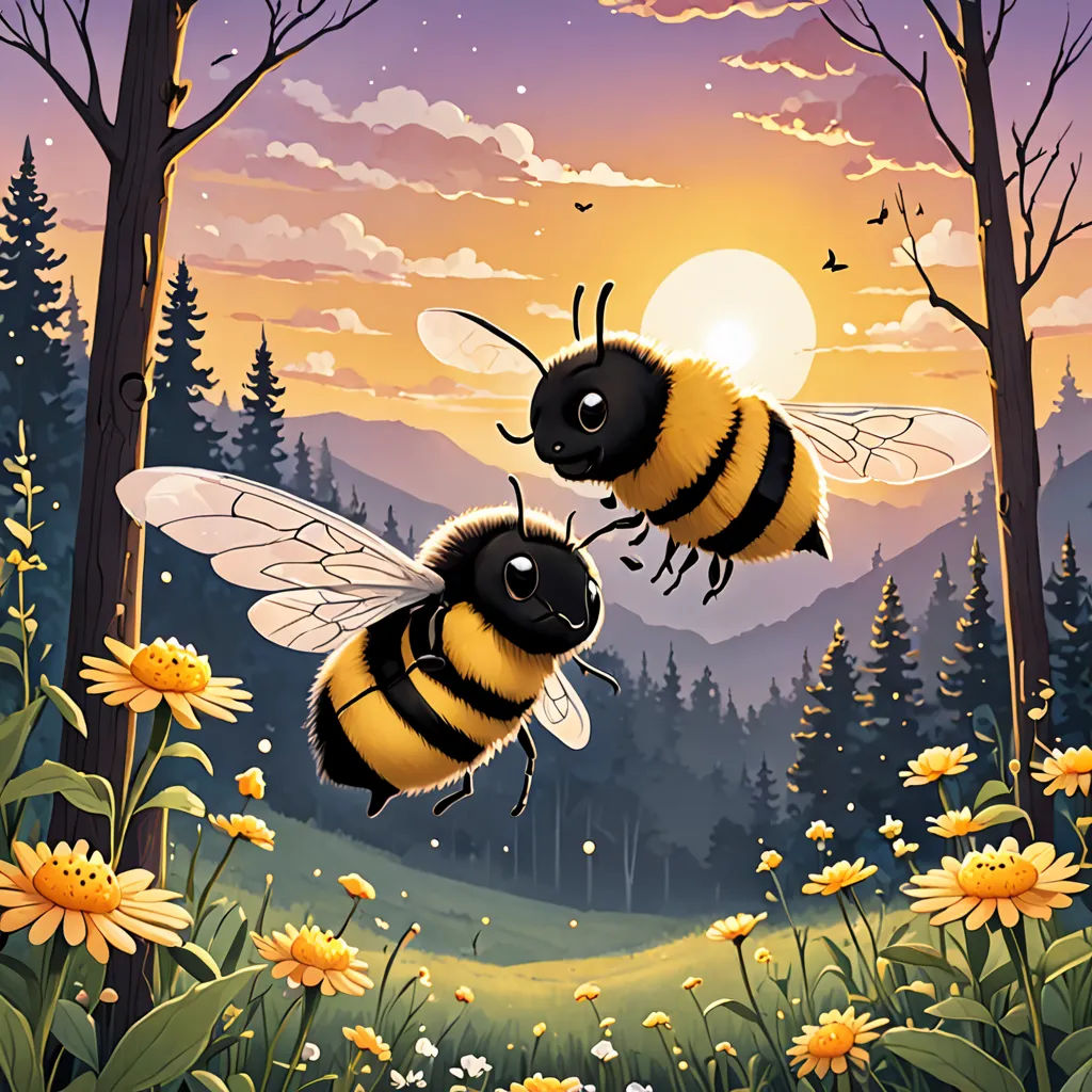 two bees flying over a forest with flowers and trees at sunset with a sun in the background and a mountain range, fantasy art, a storybook illustration, Dan Mumford, game art