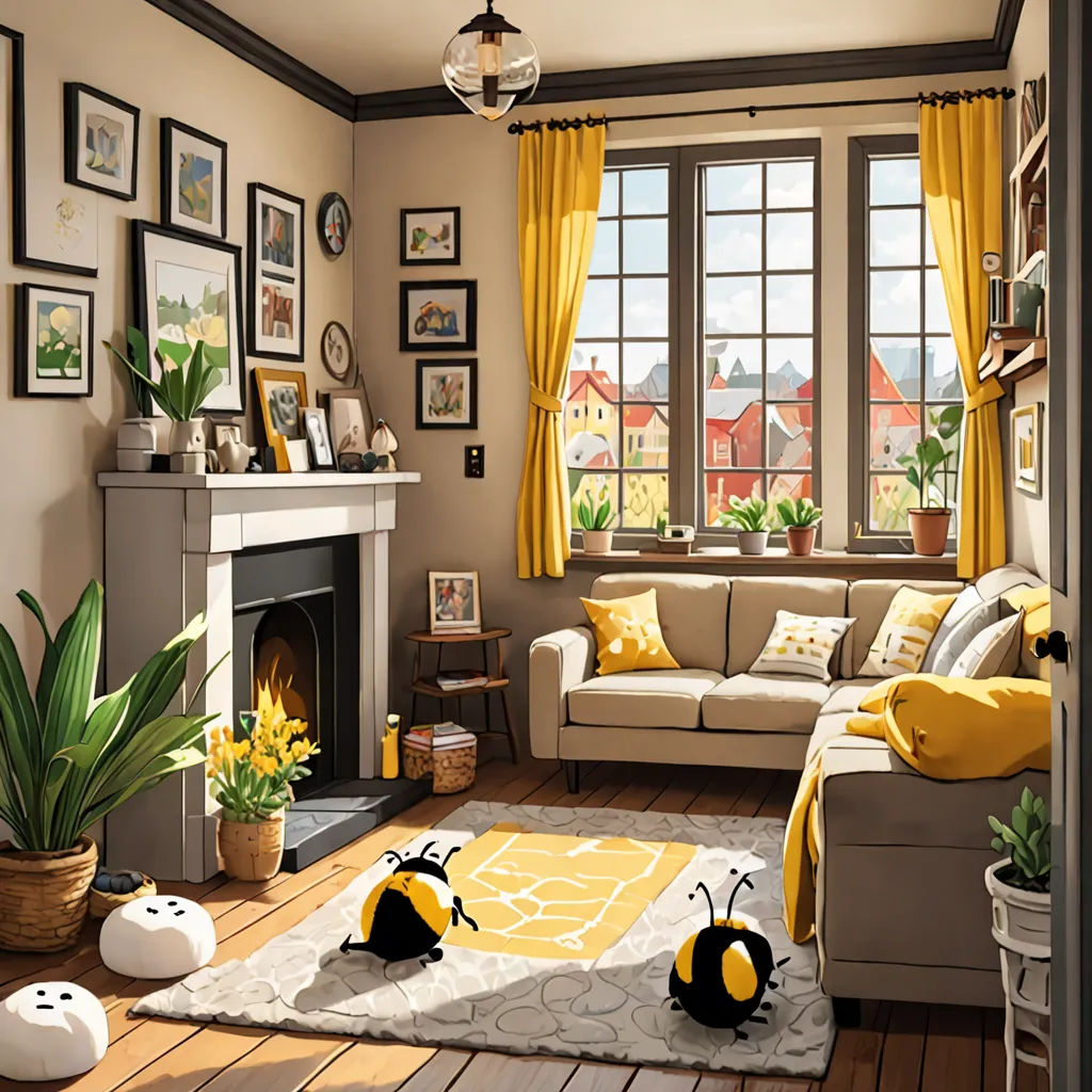 a living room with a fire place and a couch and a rug with two bees on it and a fire place, photorealism, a storybook illustration, Chris LaBrooy, rossdraws global illumination