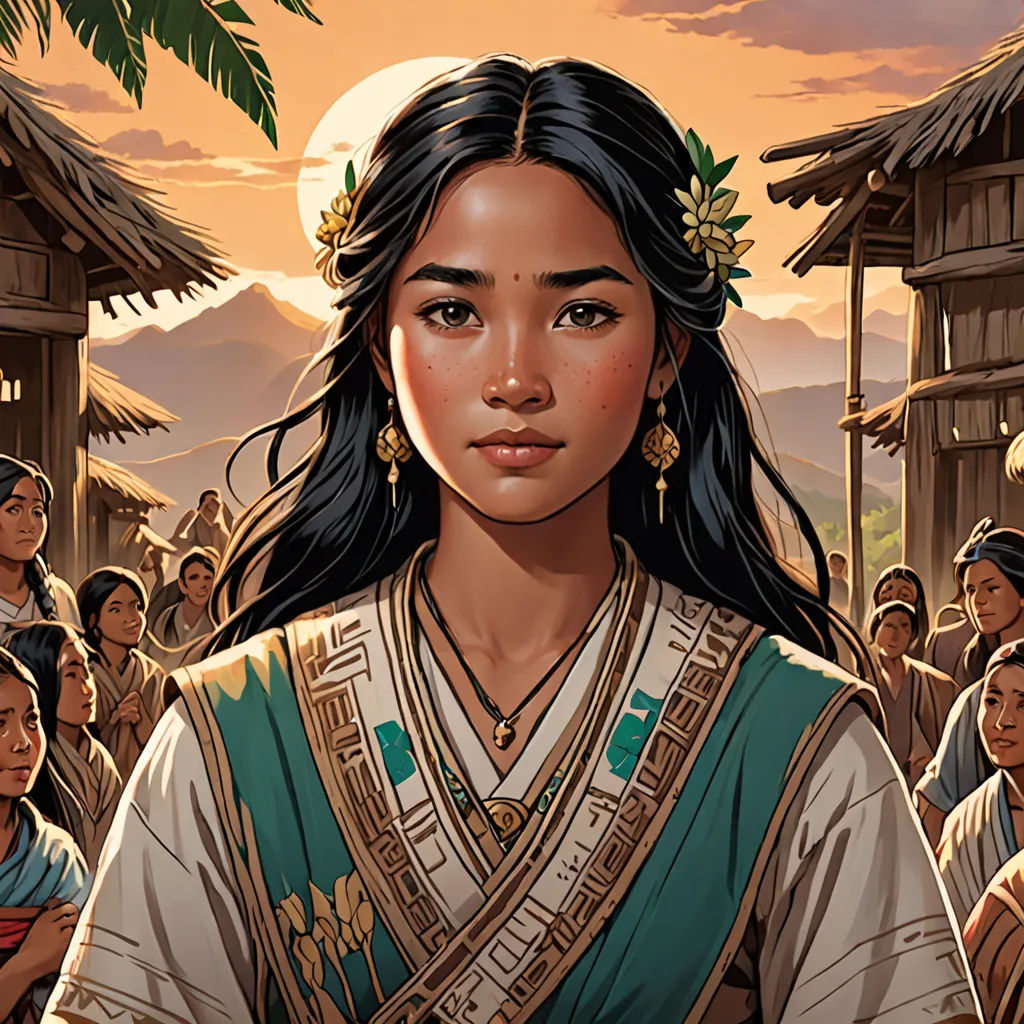 a woman in a native american dress standing in front of a crowd of people with a sunset in the background, fantasy art, a character portrait, Drew Struzan, magic the gathering artwork