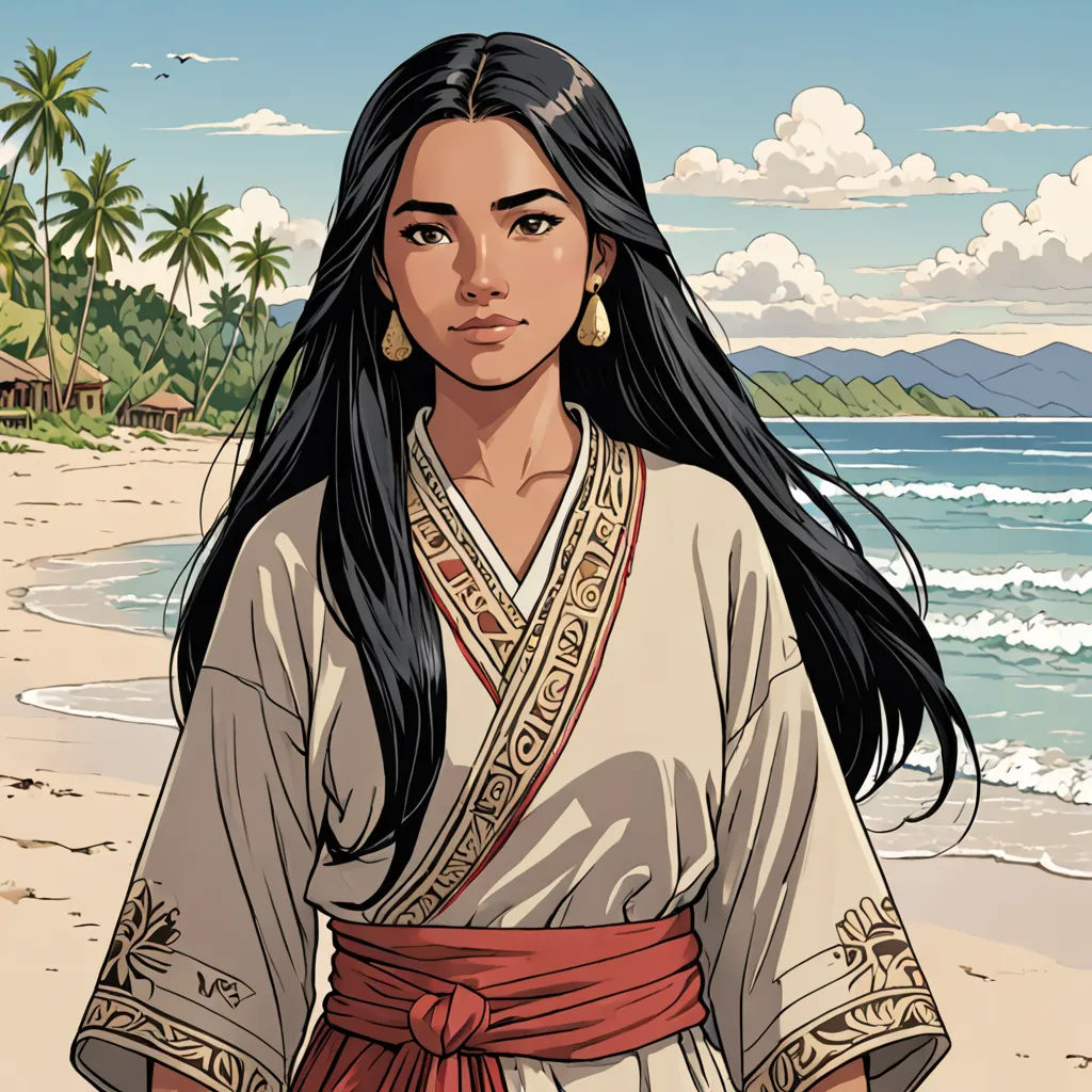 a woman in a white dress standing on a beach next to the ocean and palm trees with a sky background, sumatraism, a character portrait, Colin Middleton, graphic novel