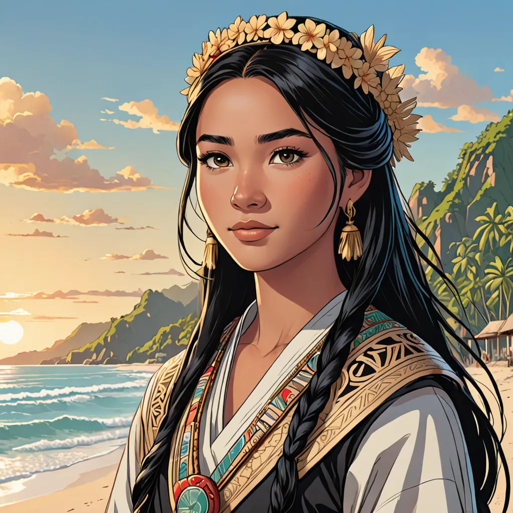 a woman with a head piece on standing on a beach next to the ocean and a sunset behind her, fantasy art, a comic book panel, Colin Middleton, kinkade