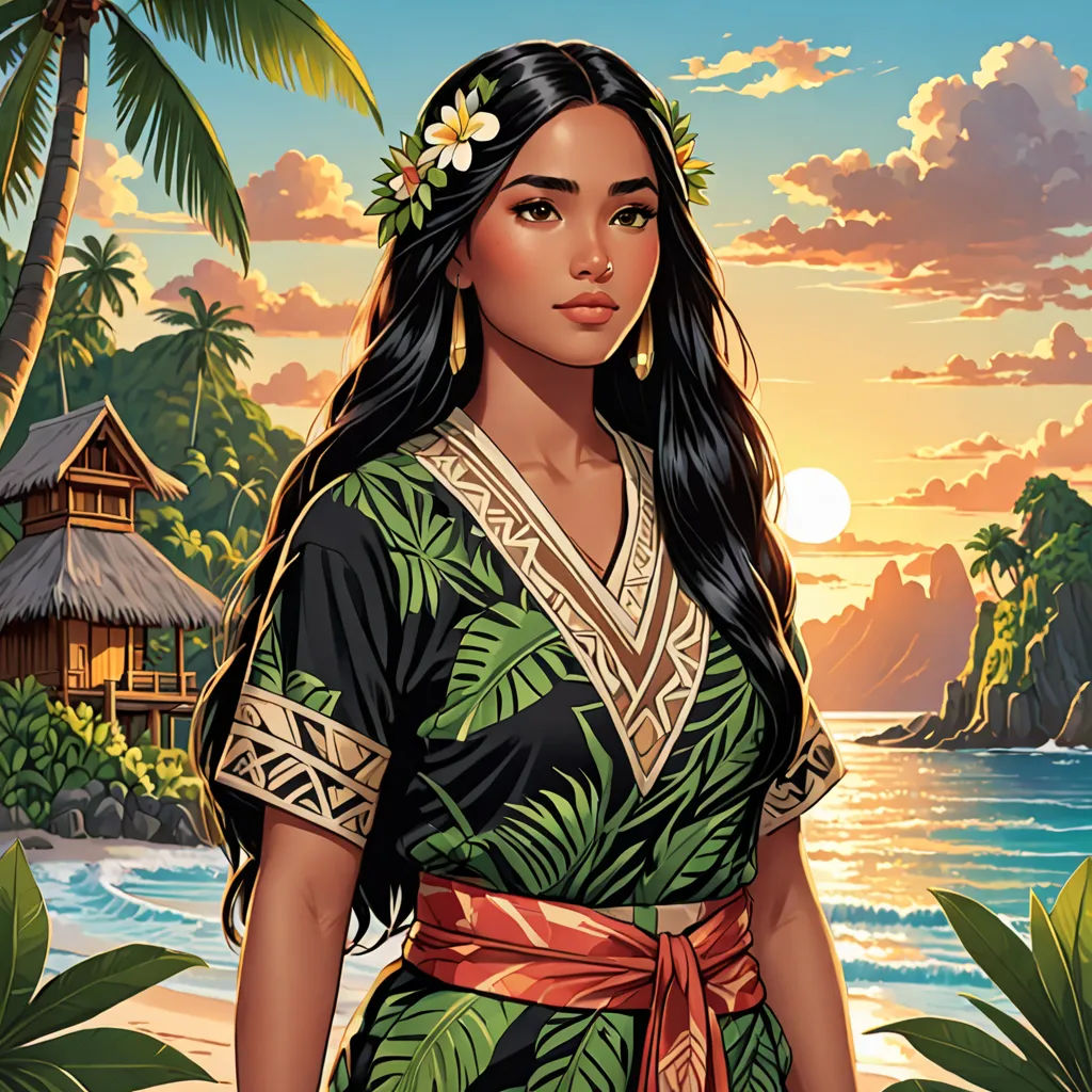 a woman in a green dress standing on a beach next to the ocean with a hut in the background, sots art, a character portrait, Edwin Georgi, kinkade