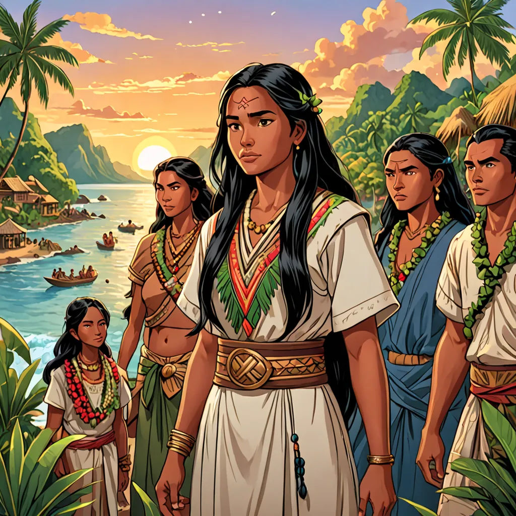a painting of a native american woman standing in front of a group of people in a jungle setting with a sunset in the background, lyco art, a comic book panel, Brothers Hildebrandt, graphic novel