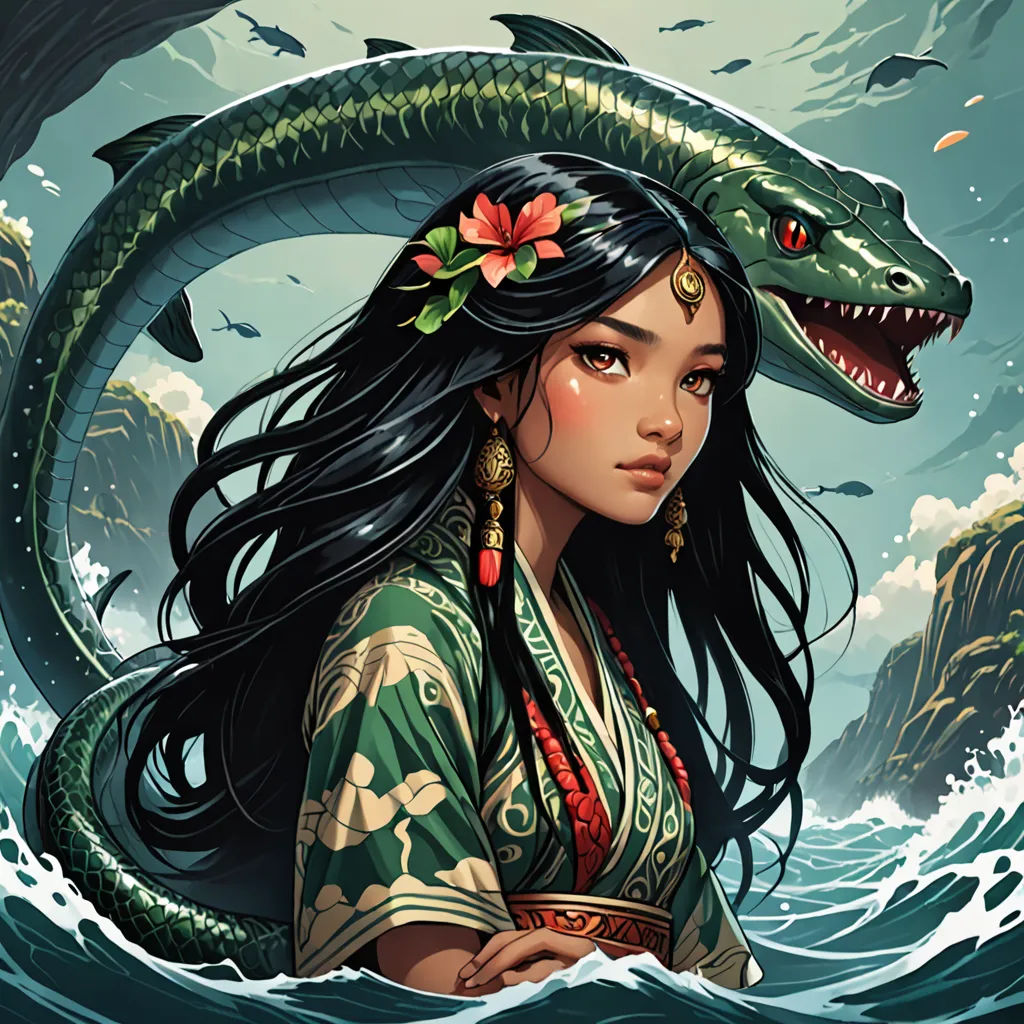a woman with a snake on her head in the water with a fish on her head and a fish on her head, fantasy art, a character portrait, Art of Brom, stanley artgerm lau