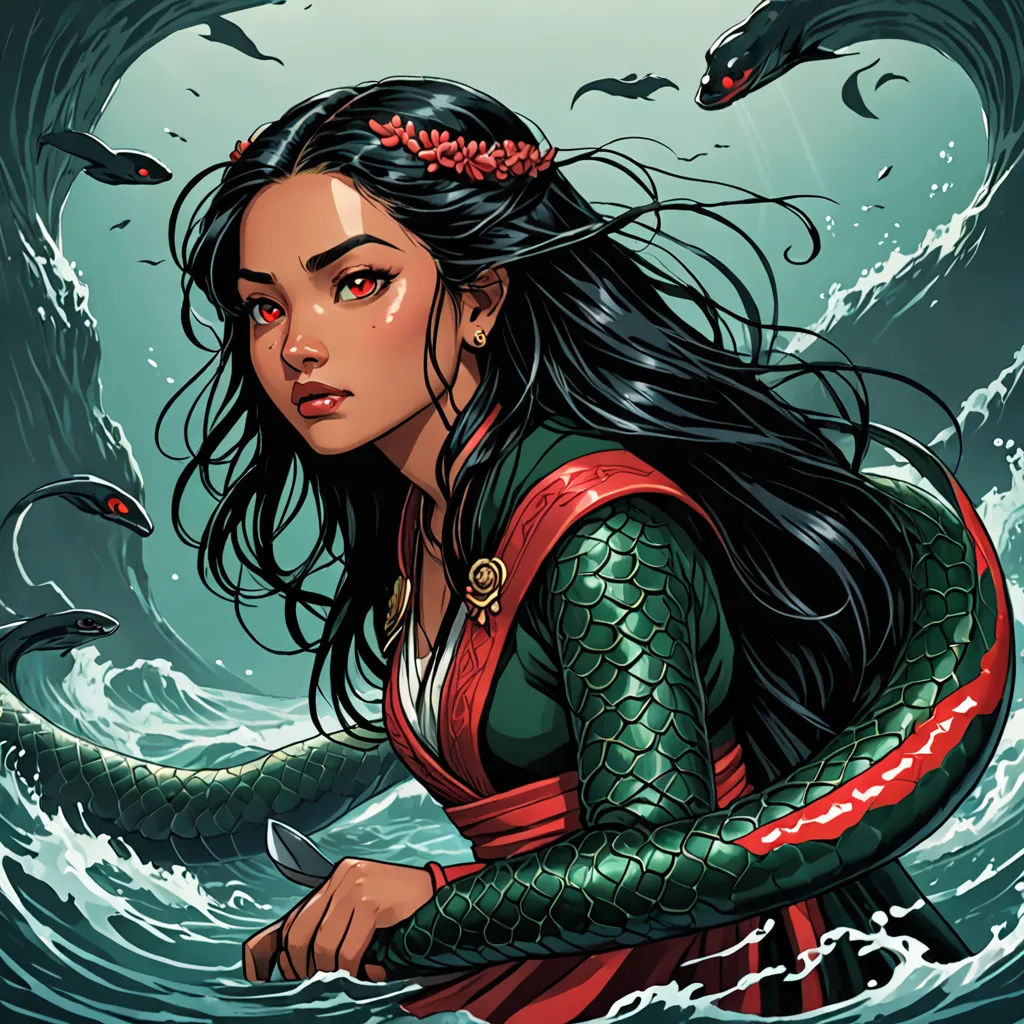 a woman in a green and red dress with a snake on her shoulder and a red and white headband, fantasy art, a comic book panel, Artgerm, stanley artgerm lau