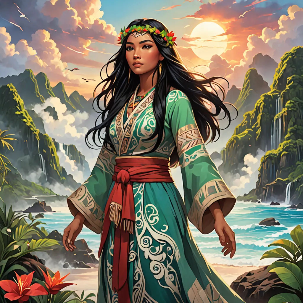 a woman in a green dress standing in front of a mountain and ocean with a sunset behind her and a red ribbon around her neck, fantasy art, a character portrait, Donato Giancola, magic the gathering artwork