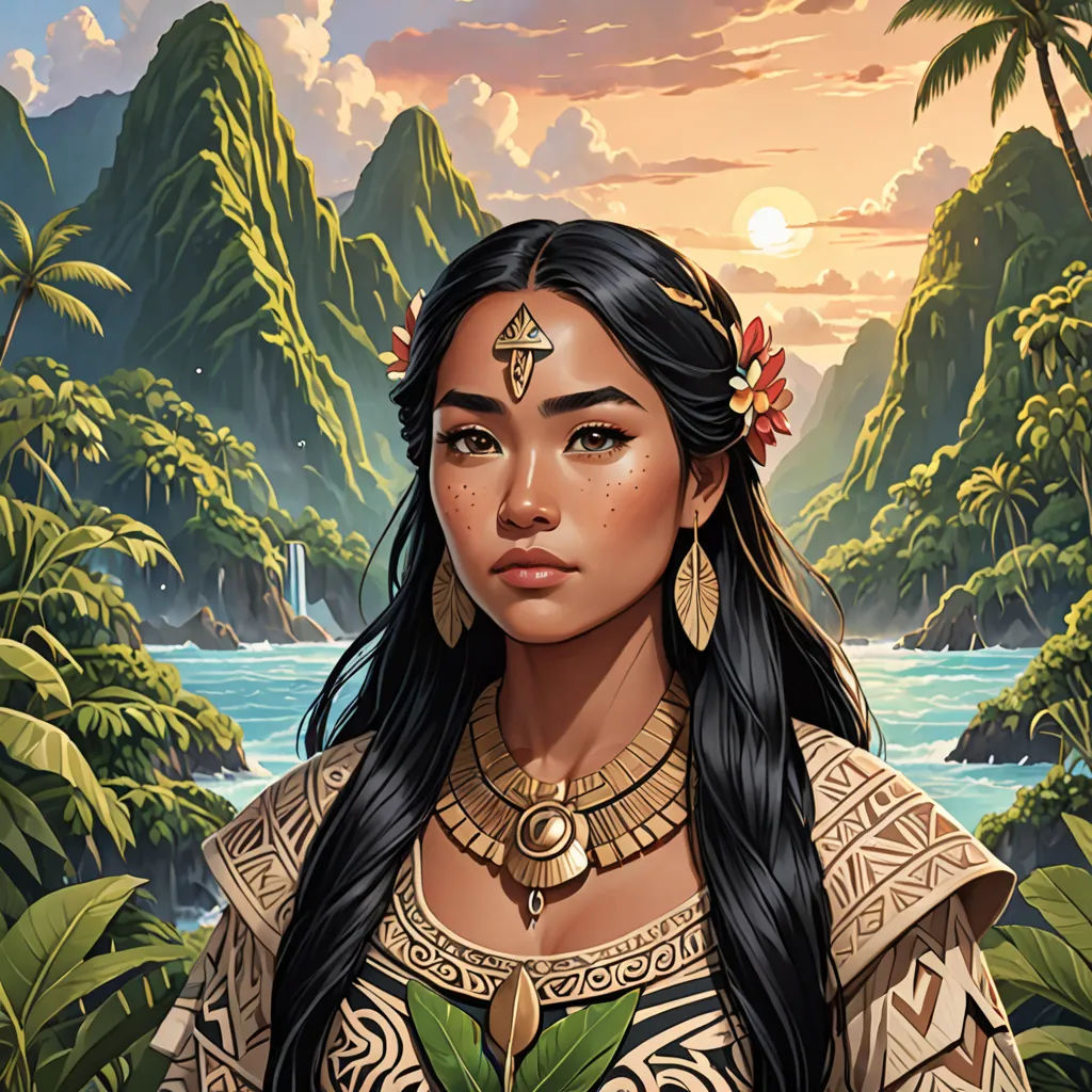 a painting of a woman in a native american dress with a tropical background and a sunset in the background, fantasy art, a character portrait, Art of Brom, magic the gathering artwork