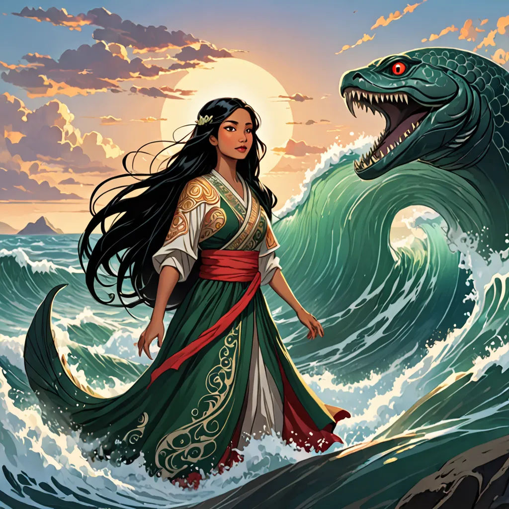a woman in a green dress standing in the water next to a large alligator in the ocean with a sunset behind her, fantasy art, a storybook illustration, Brom, official art