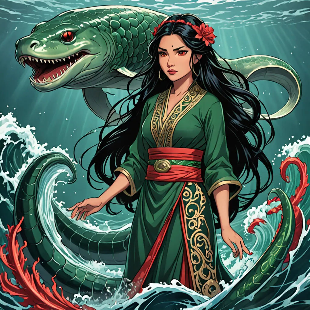 a woman in a green dress standing in the water with a large fish on her shoulder and a large fish on her shoulder, fantasy art, a character portrait, Donato Giancola, magic the gathering artwork