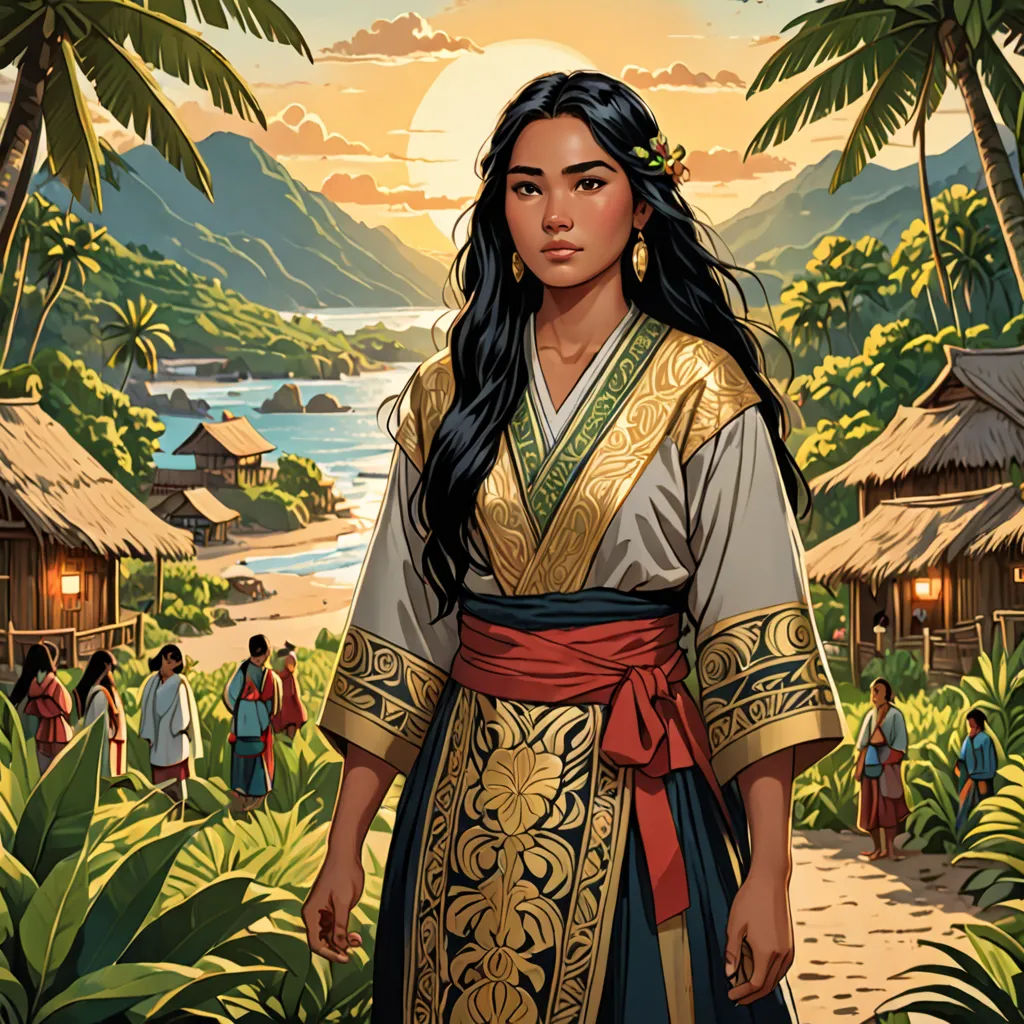 a painting of a woman in a traditional chinese dress standing in front of a tropical landscape with palm trees, fantasy art, a character portrait, Drew Struzan, official art