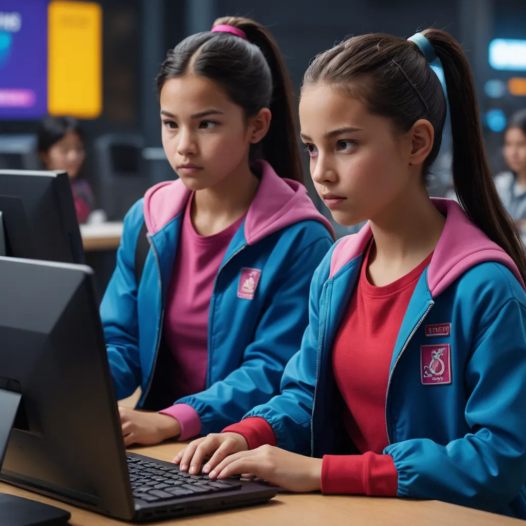 two girls sitting at a table with a laptop computer in front of them, both of them are looking at the screen, net art, computer graphics, Beeple, promotional image