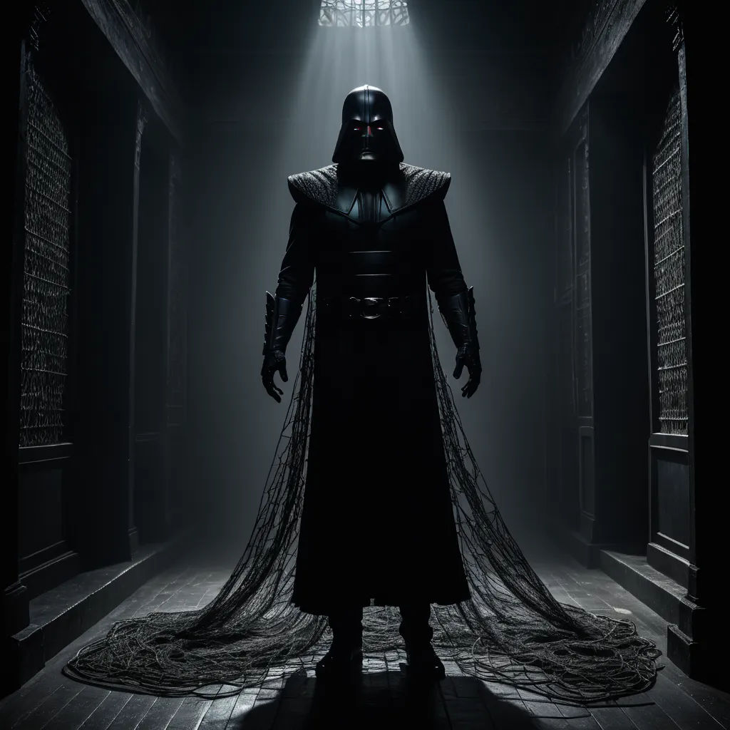 a man in a dark room with a light on his head and a cape on his head, standing in a dark hallway, dau-al-set, poster art, Edward George Handel Lucas, promotional image