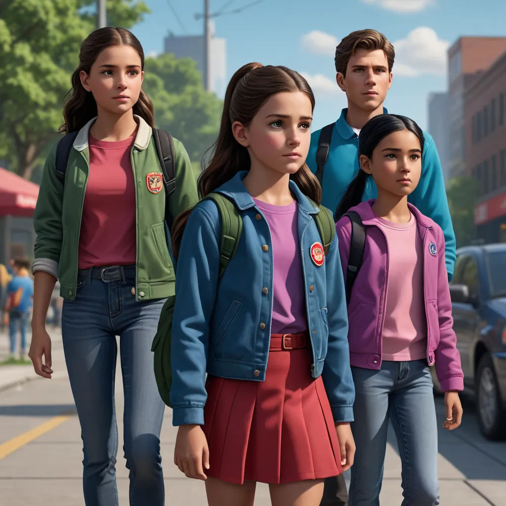 a group of people standing on a sidewalk next to a street with cars and buildings in the background and a woman in a pink shirt and a blue jacket, sots art, concept art, Eddie Mendoza, key art