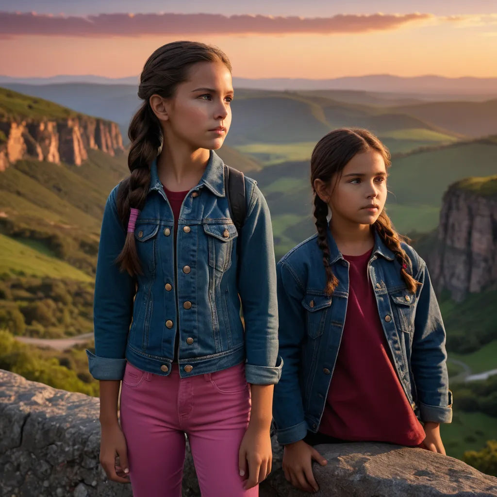 two girls standing on a rock overlooking a valley and mountains at sunset with a pink sky in the background, aestheticism, a detailed matte painting, Avgust Černigoj, promotional image