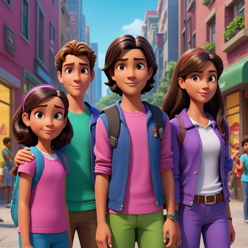 a group of people standing next to each other on a street with buildings in the background and people walking on the sidewalk, sots art, a poster, disney, promotional image