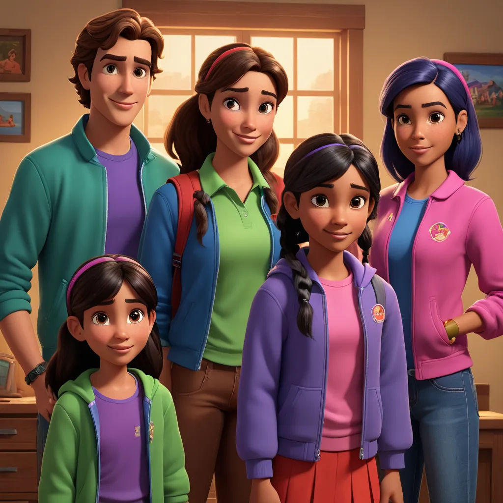 a family of four standing in a room together, all wearing colorful clothing and smiling at the camera,, sots art, a poster, disney, promotional image