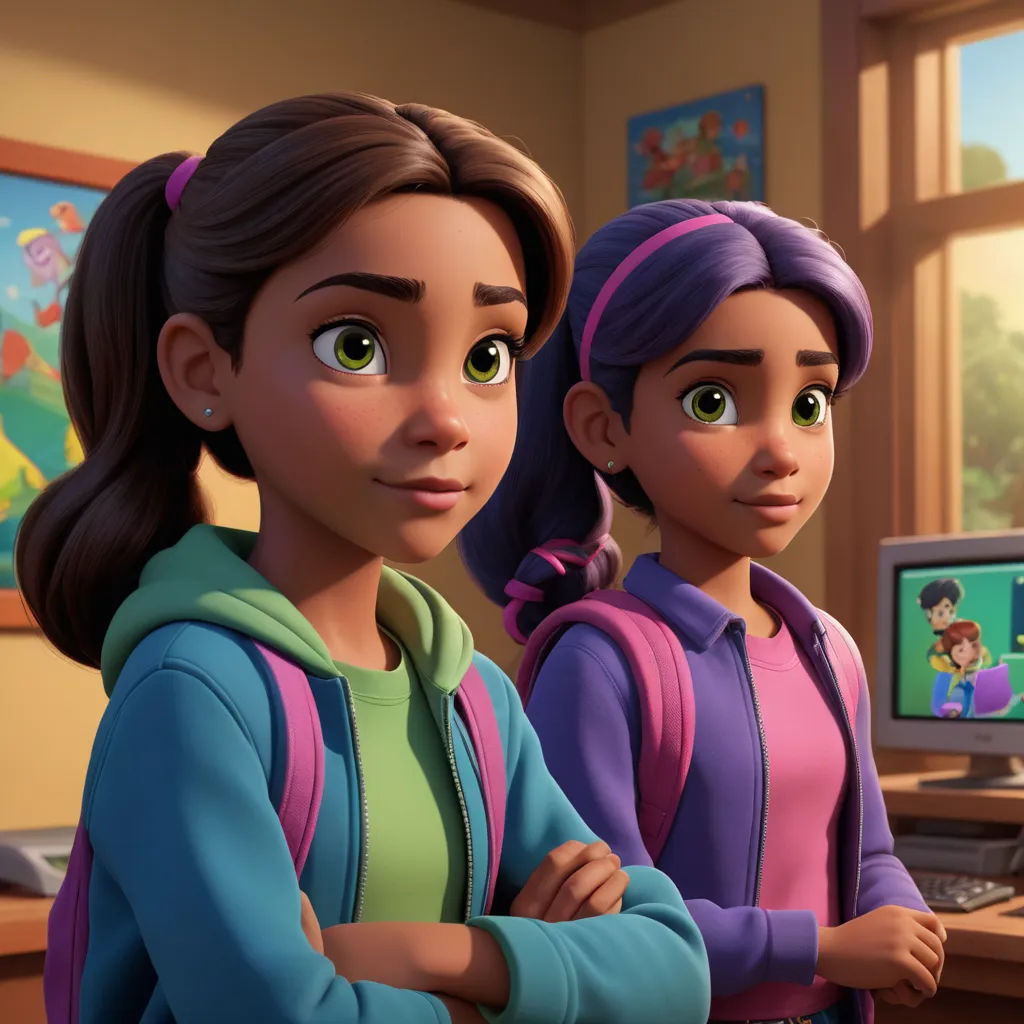 two young girls standing in front of a computer monitor and keyboard in a room with a window and a wall, sots art, concept art, Eddie Mendoza, unreal engine highly rendered