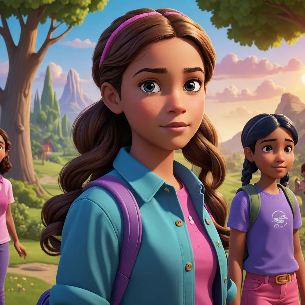 a cartoon of a girl with a backpack and two other girls in the background, with a tree and mountains in the background, sots art, concept art, Chris LaBrooy, promotional image