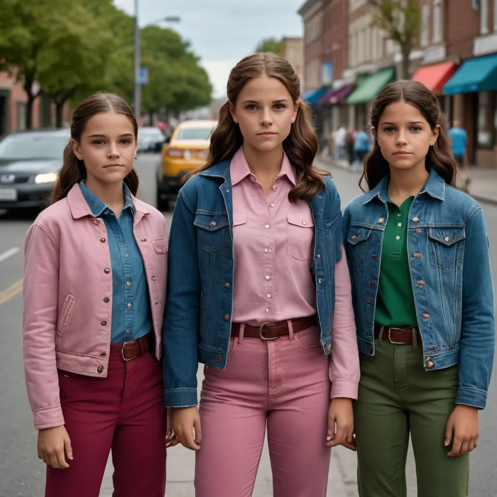 three girls standing on a street corner in pink pants and denim jackets, one in green shirt and the other in pink, synchromism, a colorized photo, Art Brenner, vfx