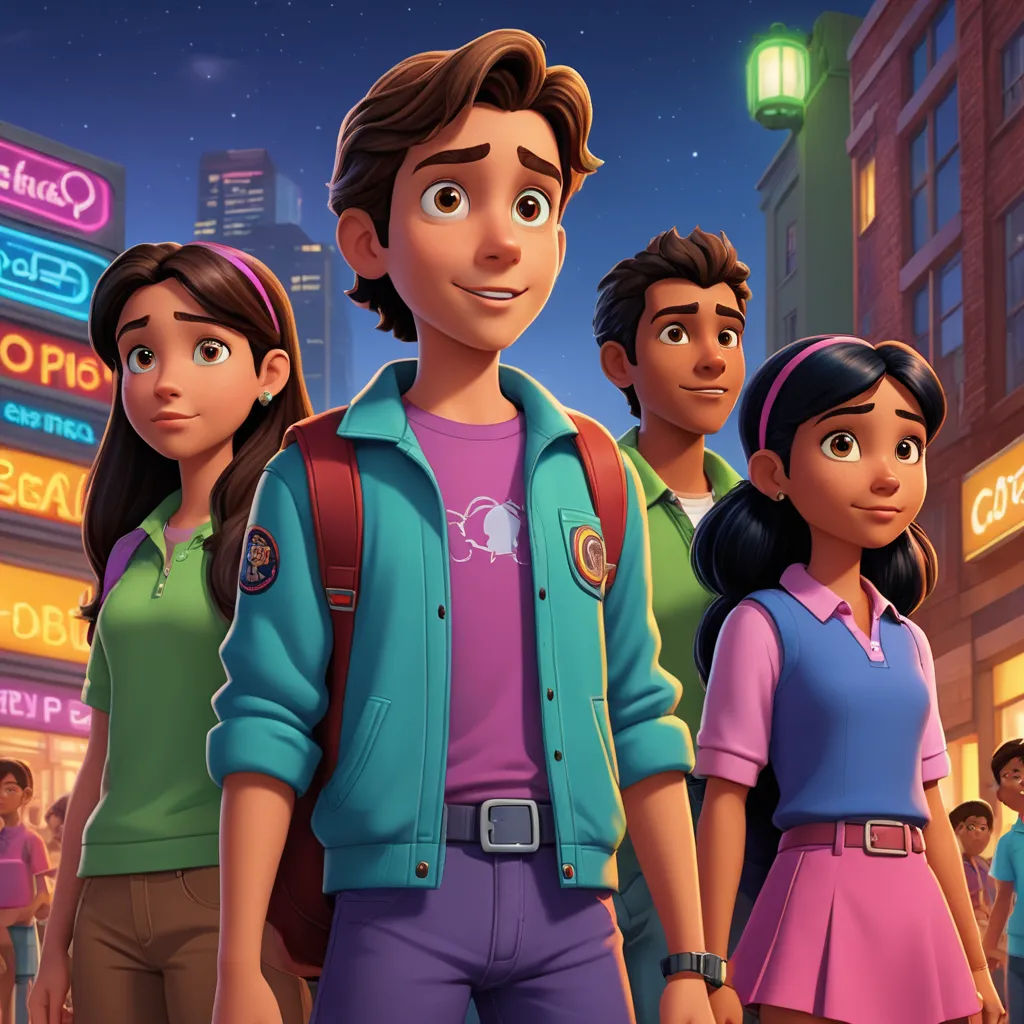 a group of people standing in front of a city at night with a neon sign in the background that says,'the city is a place where we are, sots art, a poster, disney, promotional image