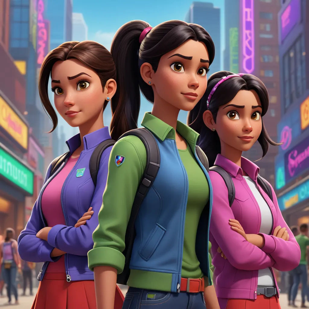 a group of three women standing next to each other in a city street with neon signs on the buildings, sots art, concept art, disney, key art