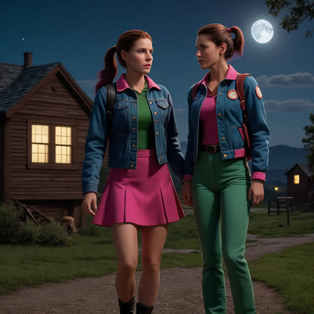 two women in matching outfits walking down a path at night with a full moon in the background and a house in the distance, synchromism, concept art, Dean Roger, promotional image