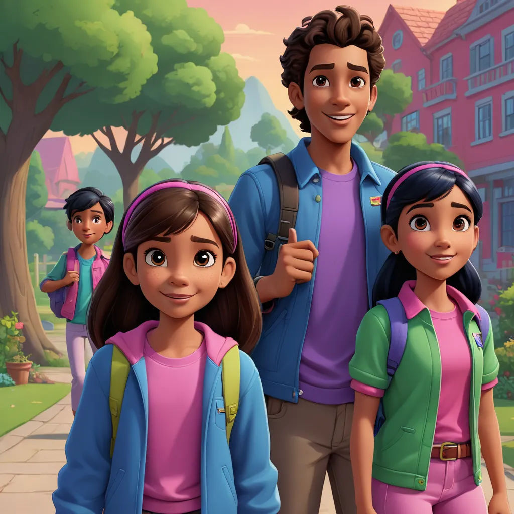 a man and two women standing in front of a tree and a building with a pink sky in the background, sots art, concept art, disney, promotional image