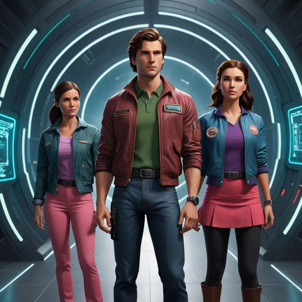 a man and two women standing in front of a tunnel with a clock on it's wall and a man in a red jacket and a green shirt, retrofuturism, concept art, Chris LaBrooy, promotional image
