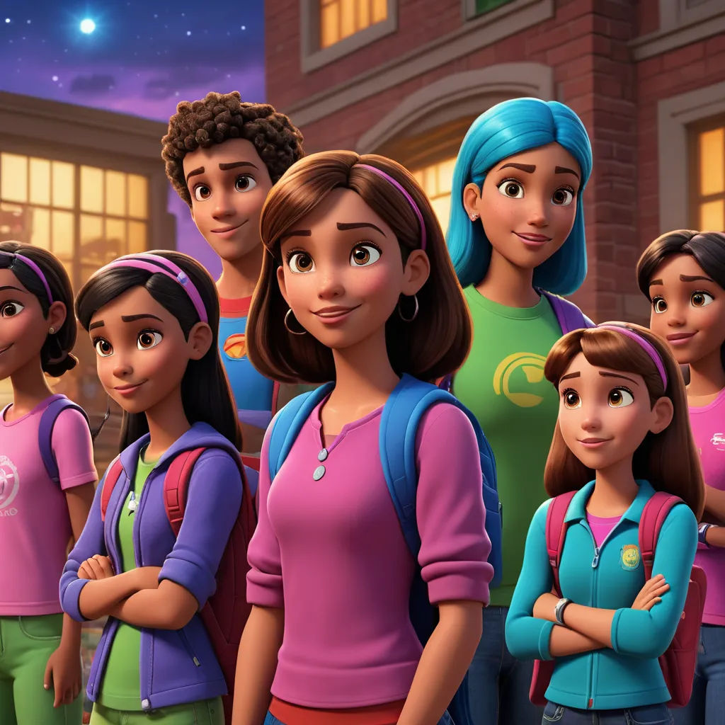 a group of young people standing next to each other in front of a building at night with stars in the sky, sots art, concept art, disney, promotional image