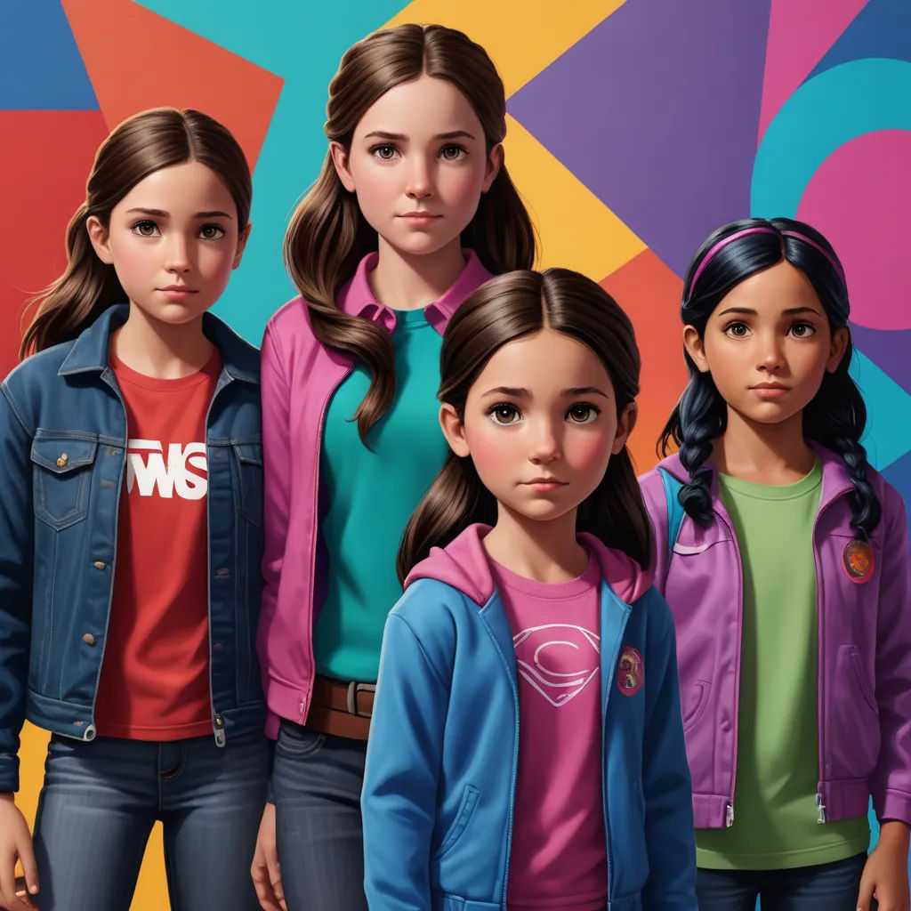 a group of three girls standing next to each other in front of a colorful background with a woman's face, hyperrealism, poster art, Artgerm, key art