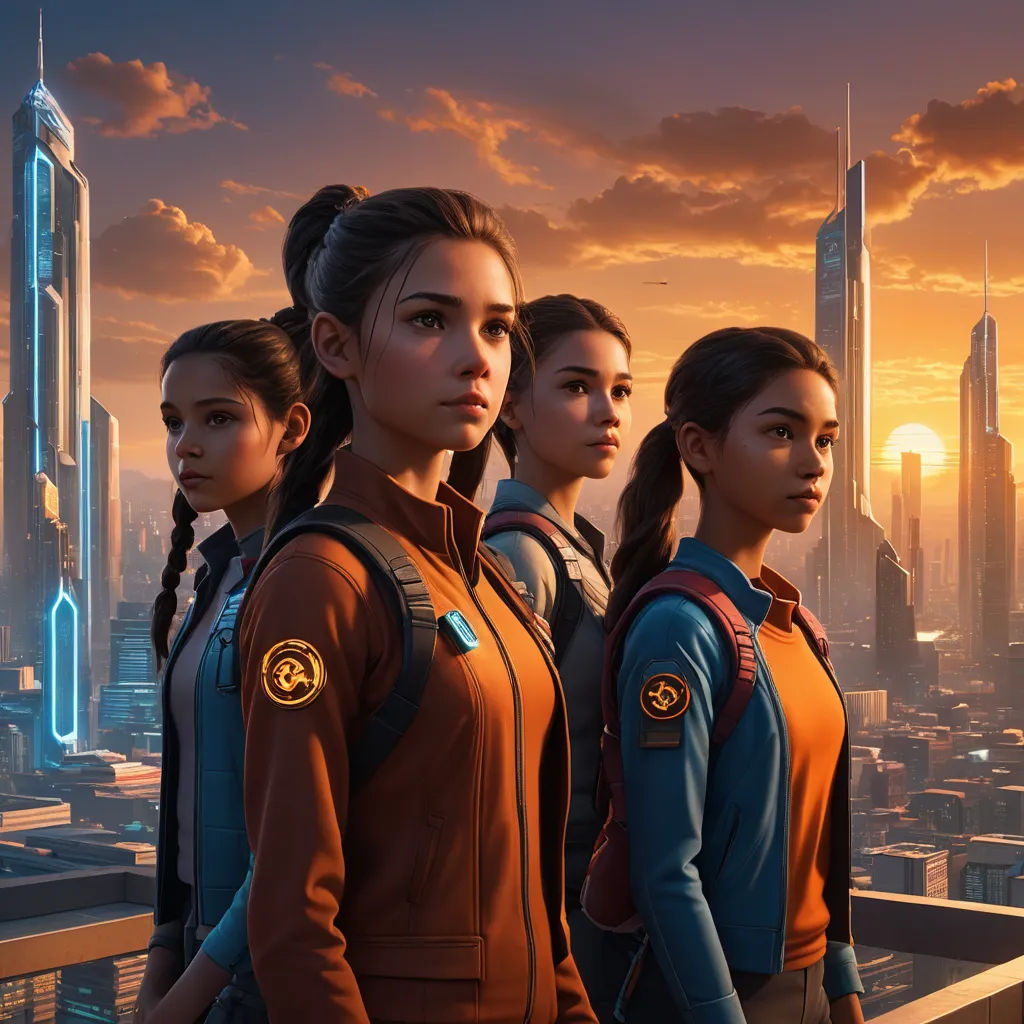 a group of young women standing in front of a city skyline at sunset with a futuristic city in the background, retrofuturism, concept art, Chris LaBrooy, rossdraws global illumination