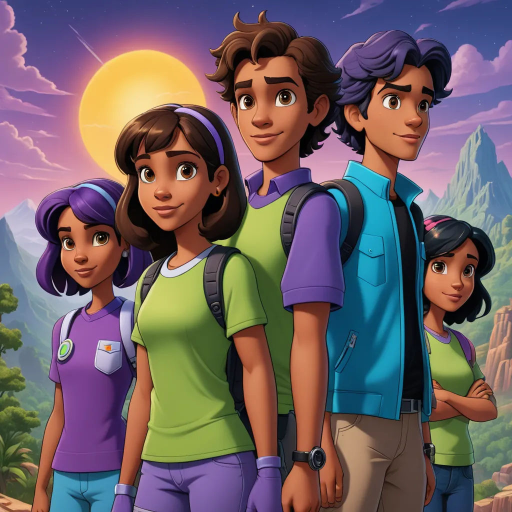 a group of people standing next to each other in front of a mountain range with a sun in the background, sots art, a cartoon, disney, promotional image