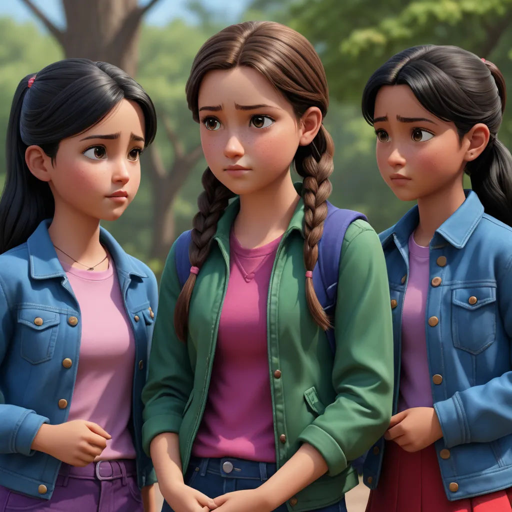 three girls standing next to each other in a park with trees in the background and a blue sky in the background, sots art, a raytraced image, disney, unreal engine highly rendered