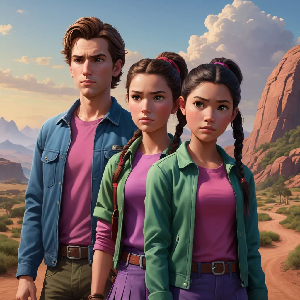 a group of people standing next to each other in a desert area with mountains in the background and a sky with clouds, sots art, concept art, disney, promotional image