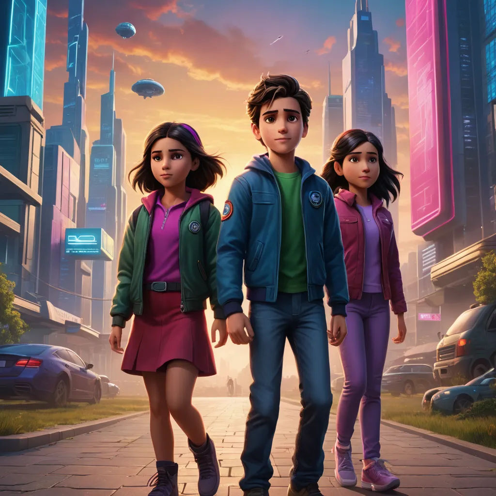 a group of people walking down a street next to tall buildings and a city skyline in the background with a neon pink sky, retrofuturism, concept art, Chris LaBrooy, key art