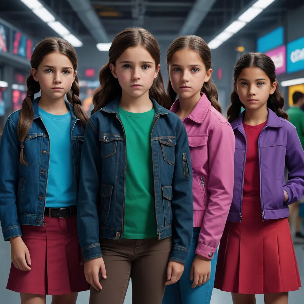 a group of young girls standing next to each other in a building with a neon sign above them that says,, hyperrealism, computer graphics, Diego Gisbert Llorens, vfx