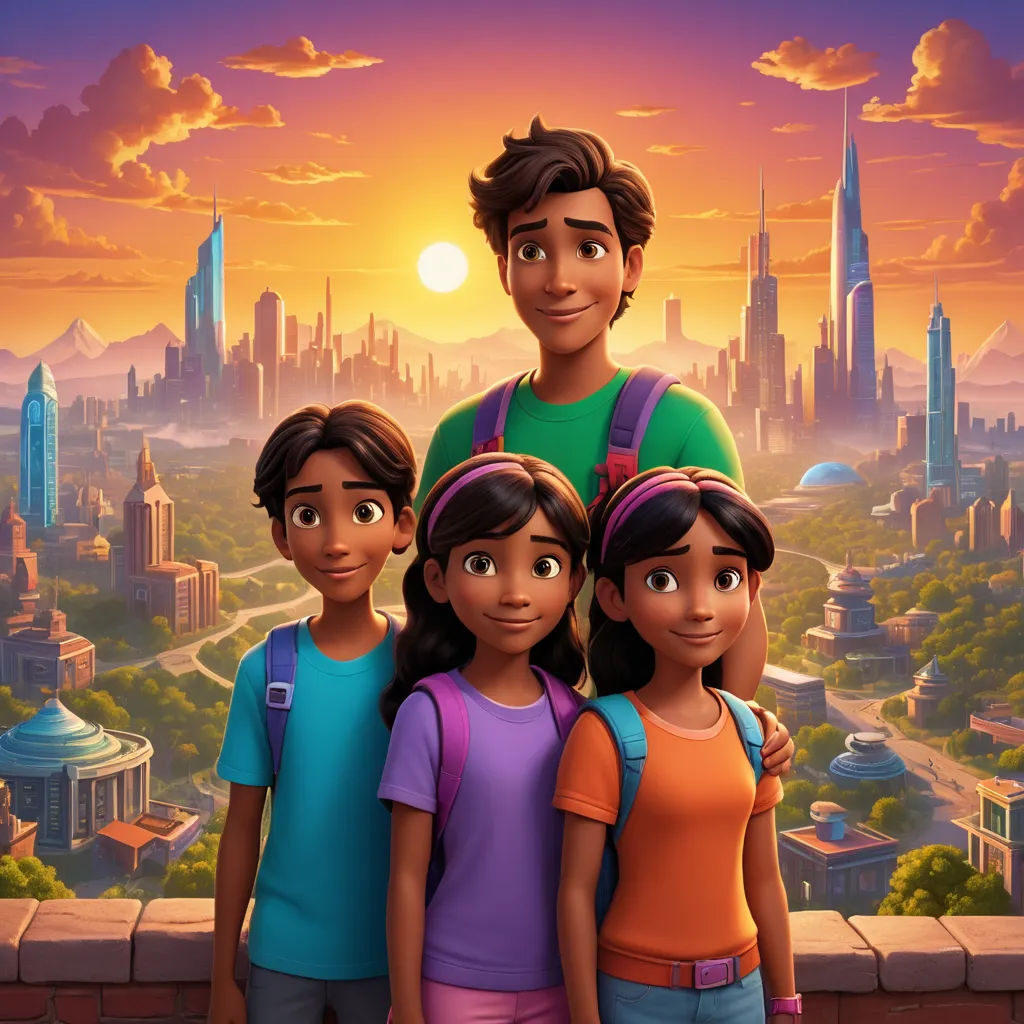 a family of four standing in front of a cityscape with the sun setting behind them and a cityscape in the background, sots art, a poster, disney, promotional image