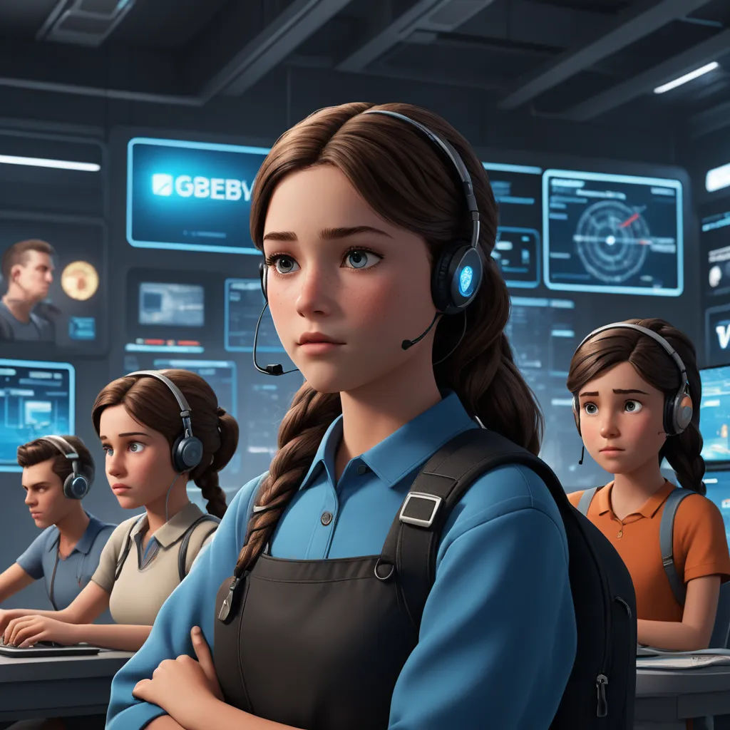 a woman with headphones standing in front of a computer screen with a bunch of people on it and a man in the background, sots art, concept art, Ada Gladys Killins, cgstudio