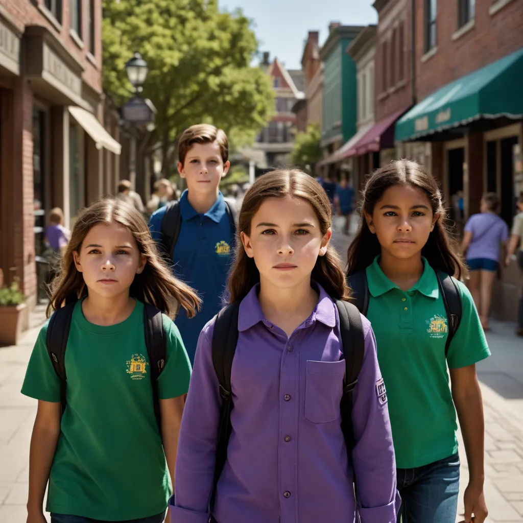 a group of young children walking down a street next to a building with a green roof and a green awning, american barbizon school, a poster, Ada Gladys Killins, promotional image