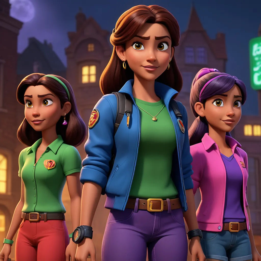 a group of young women standing next to each other in front of a building at night with a neon sign, sots art, concept art, disney, promotional image
