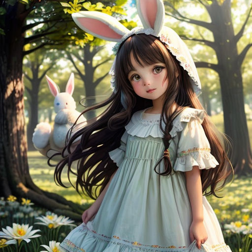 a girl in a dress with long hair and a bunny ears on her head is standing in a field of daisies