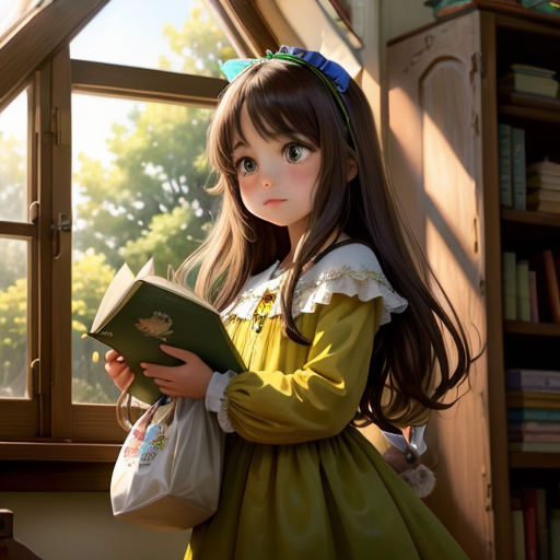 a girl in a green dress holding a book and a bag in front of a window with a tree outside