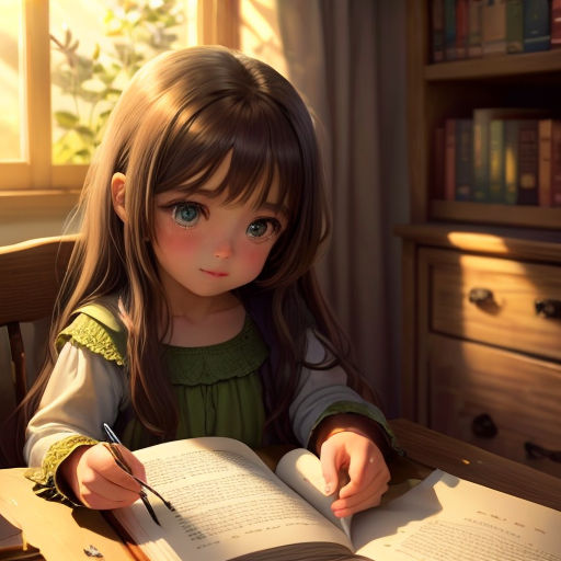 a little girl sitting at a table with a book and pen in her hand and a book open to her left