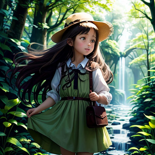 a girl in a green dress and hat walking through a forest with a waterfall in the background and a waterfall in the foreground