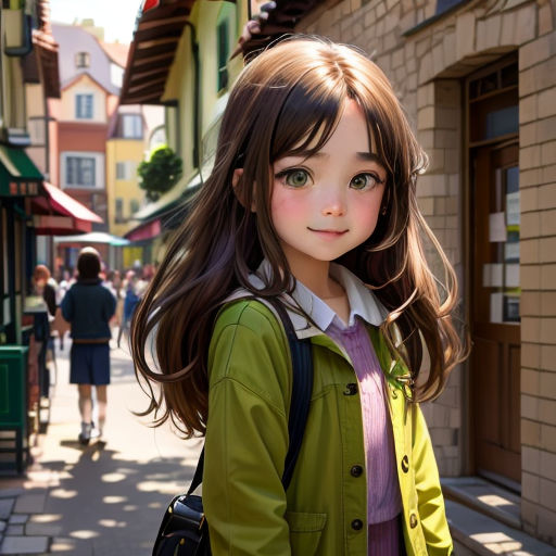 a young girl with long hair and green eyes is standing on a street corner with a backpack on her shoulder