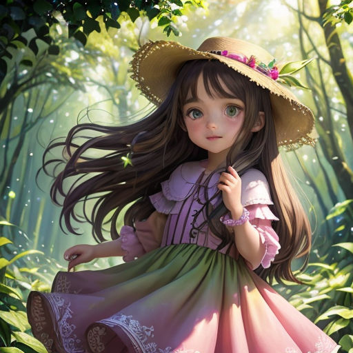 a girl in a dress and hat walking through a forest with a bird on her shoulder and a bird on her shoulder