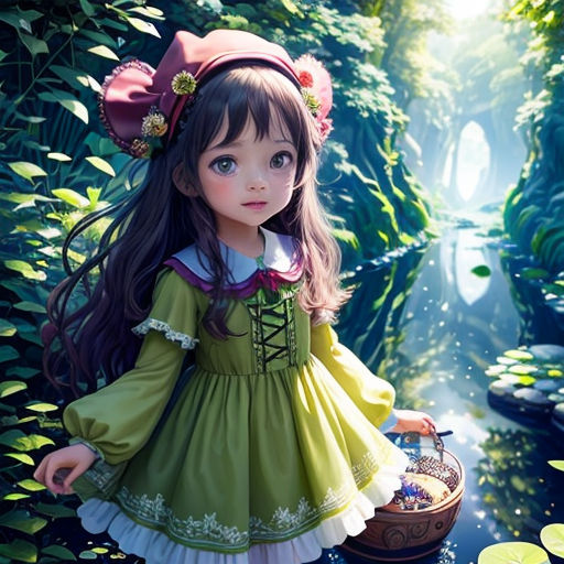 a little girl in a green dress is holding a basket and a basket of flowers in a forest with a stream